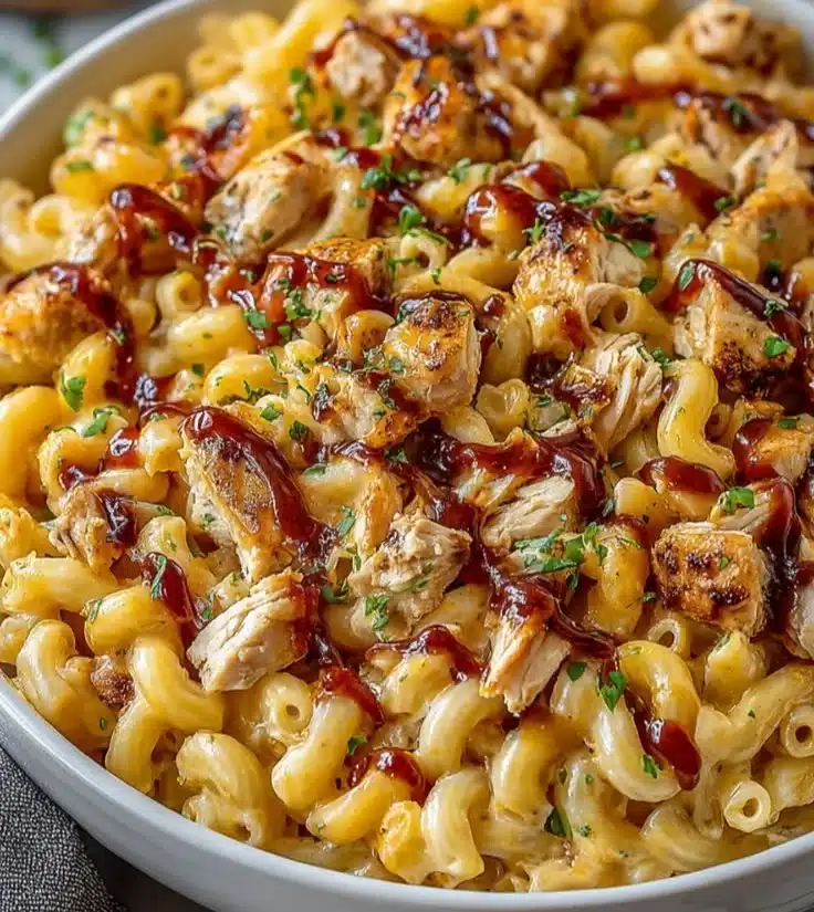 High Protein Honey BBQ Chicken Mac & Cheese with crispy chicken and creamy cheese