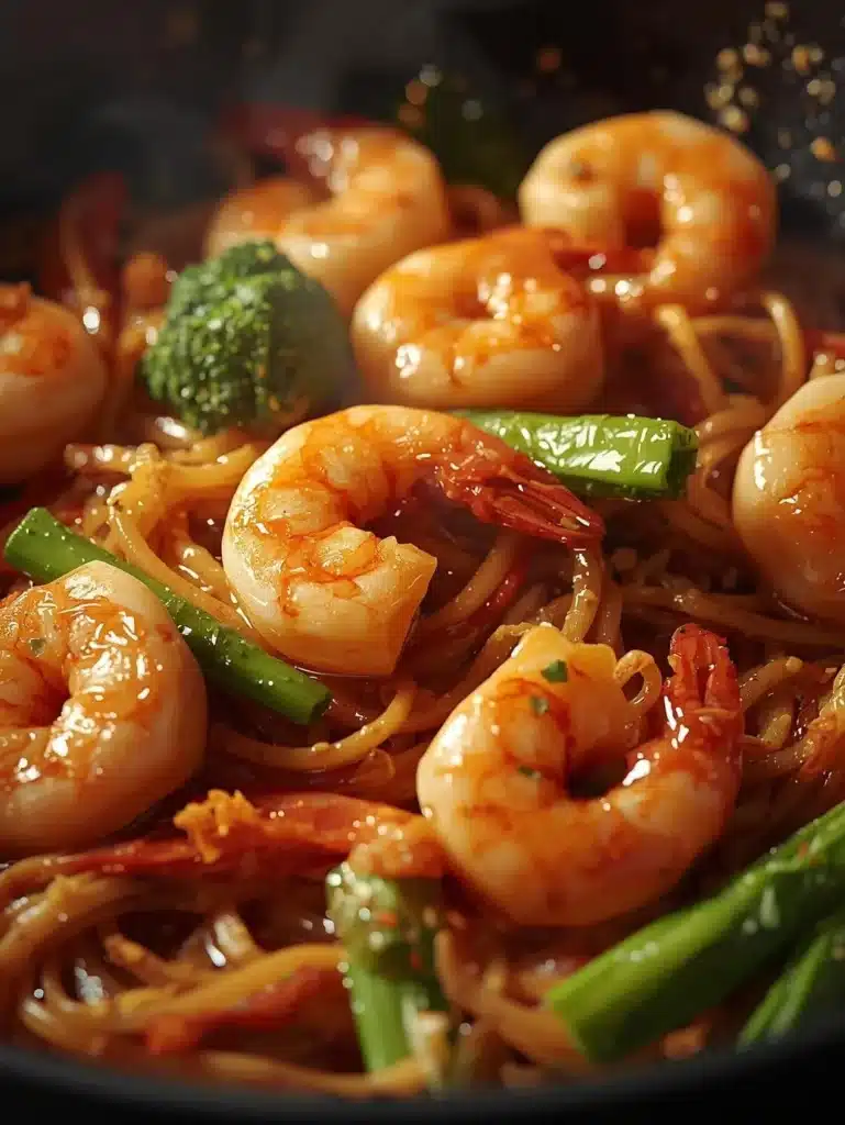 High-protein one-pan shrimp stir fry with colorful vegetables.