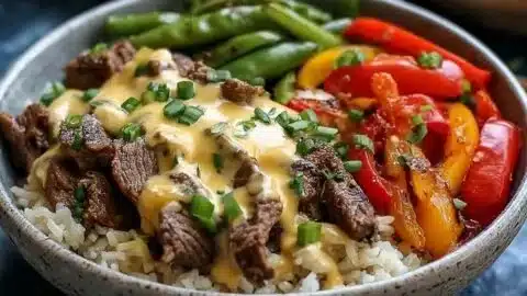 High protein Philly cheesesteak rice bowl topped with peppers and onions