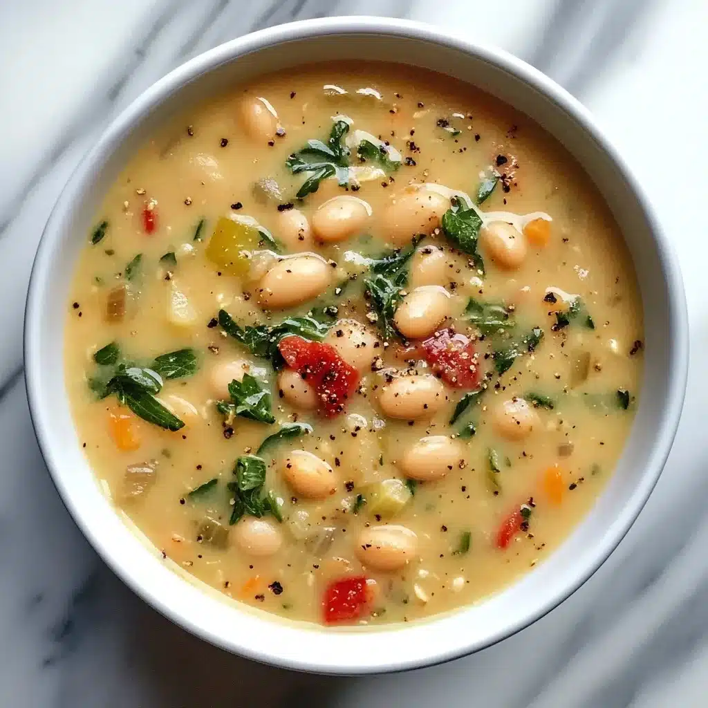 High protein white bean soup in a bowl with fresh herbs on top