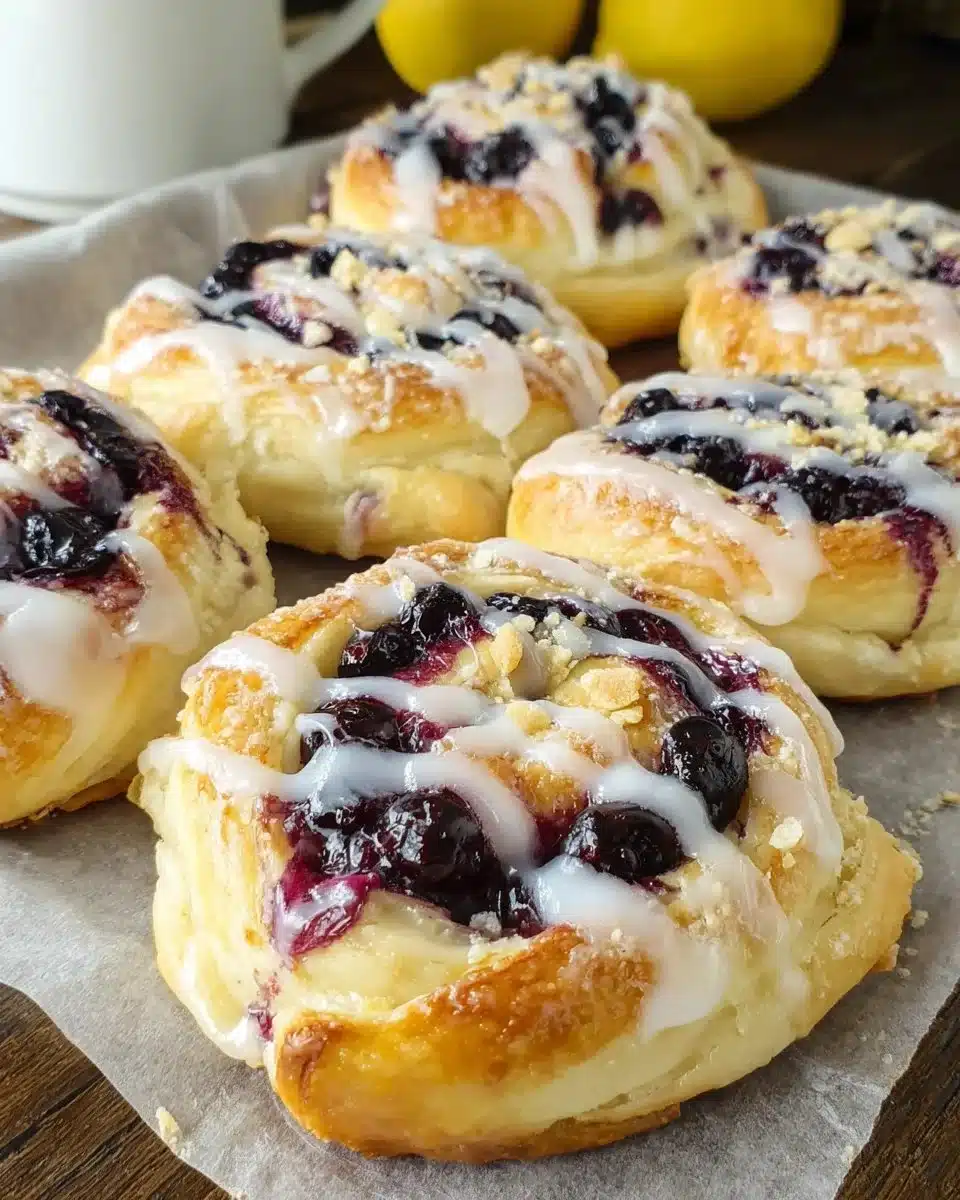 Homemade blueberry lemon danish with fresh blueberries and lemon glaze