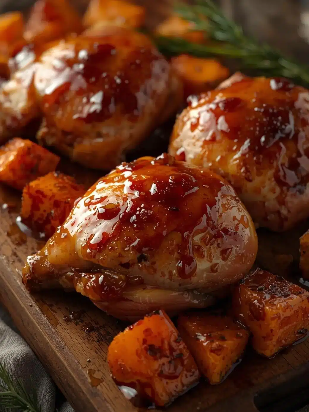 Delicious Honey Garlic Chicken served with roasted sweet potatoes