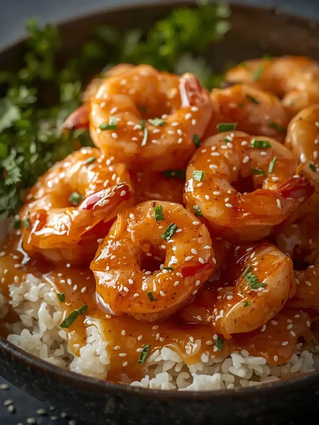 Delicious honey garlic shrimp bowls garnished with green onions and sesame seeds.