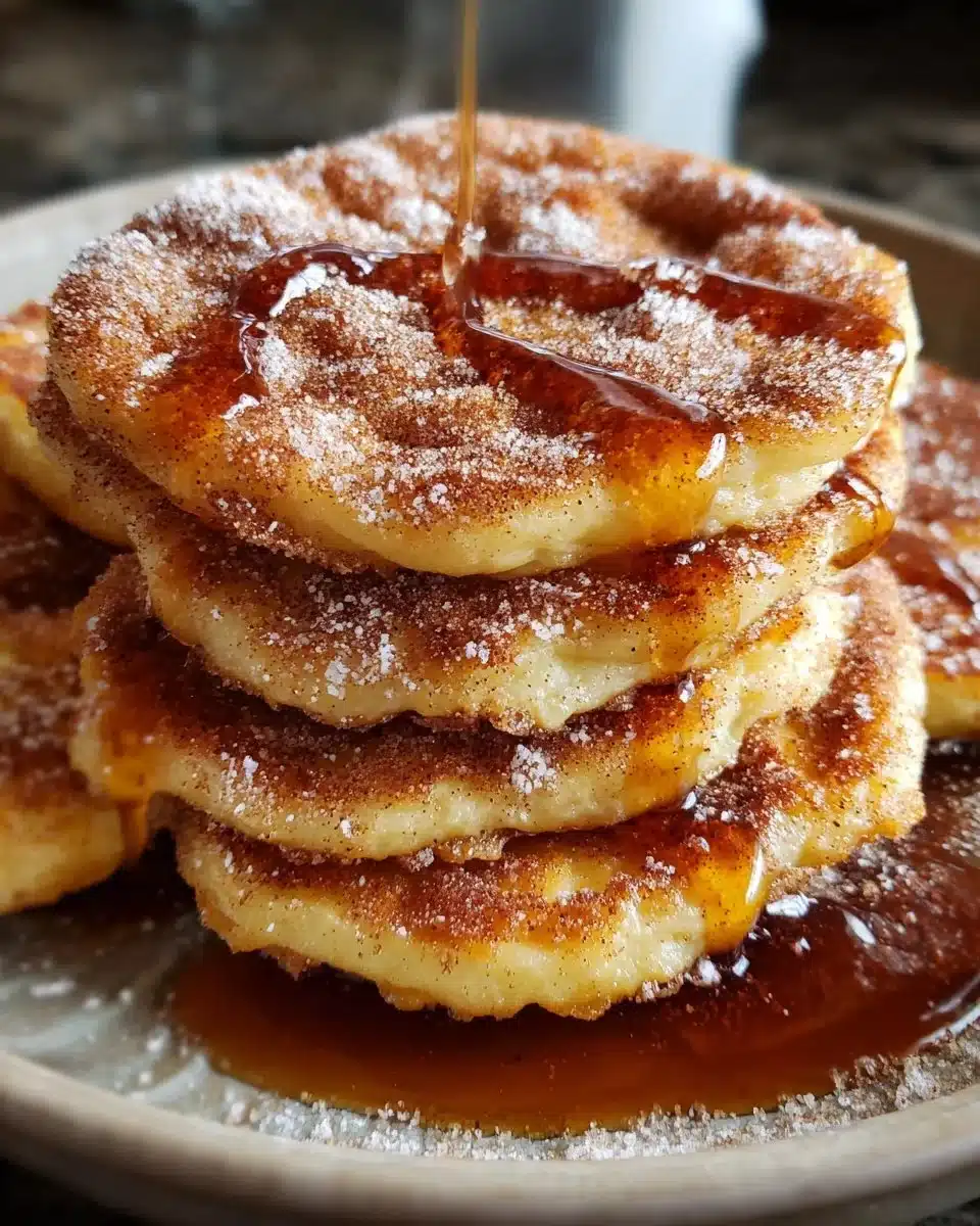 Delicious Spanish churro pancakes topped with cinnamon sugar and chocolate sauce.