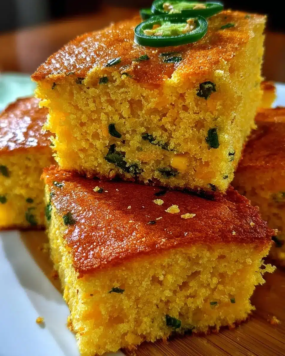 Delicious jalapeño cornbread served on a rustic wooden table
