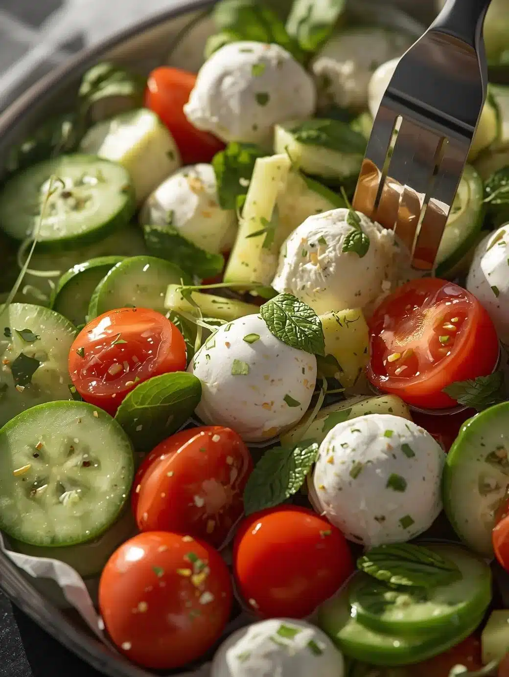 Juicy Cucumber Caprese Salad with fresh ingredients and vibrant colors