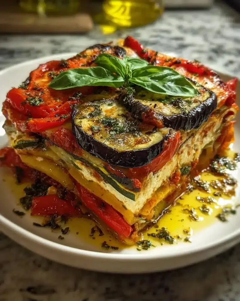 Layered Mediterranean Vegetable Lasagna with colorful vegetables and cheese