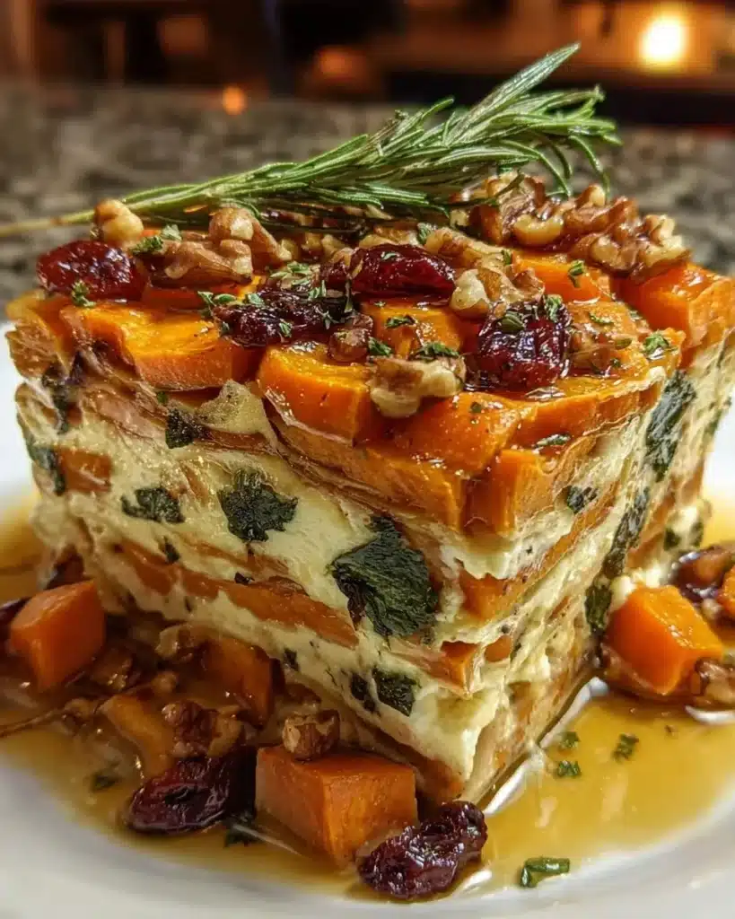 Layered sweet potato lasagna with fresh vegetables and creamy sauce