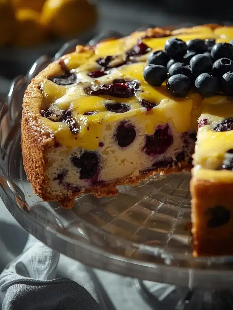 Lemon Blueberry Cheesecake Dump Cake topped with fresh blueberries