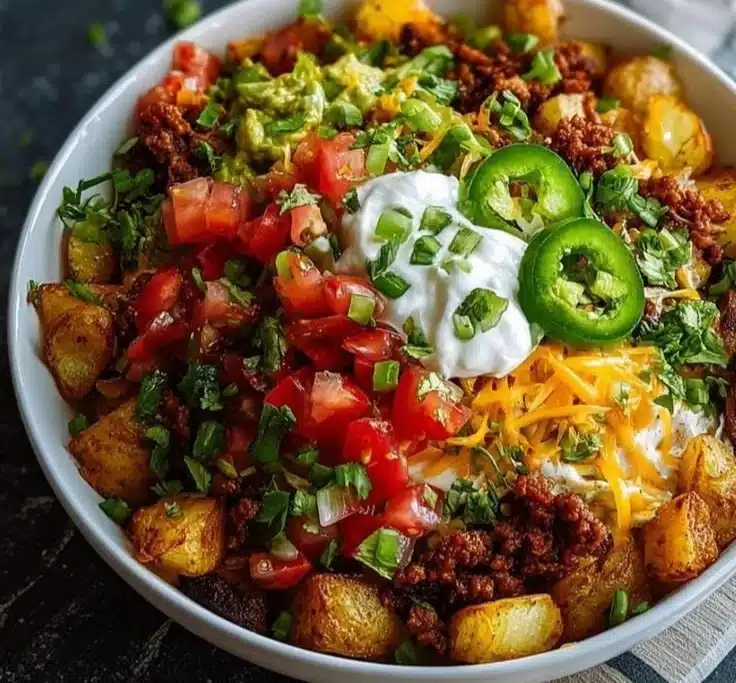 Loaded potato taco bowl with toppings and crispy potatoes