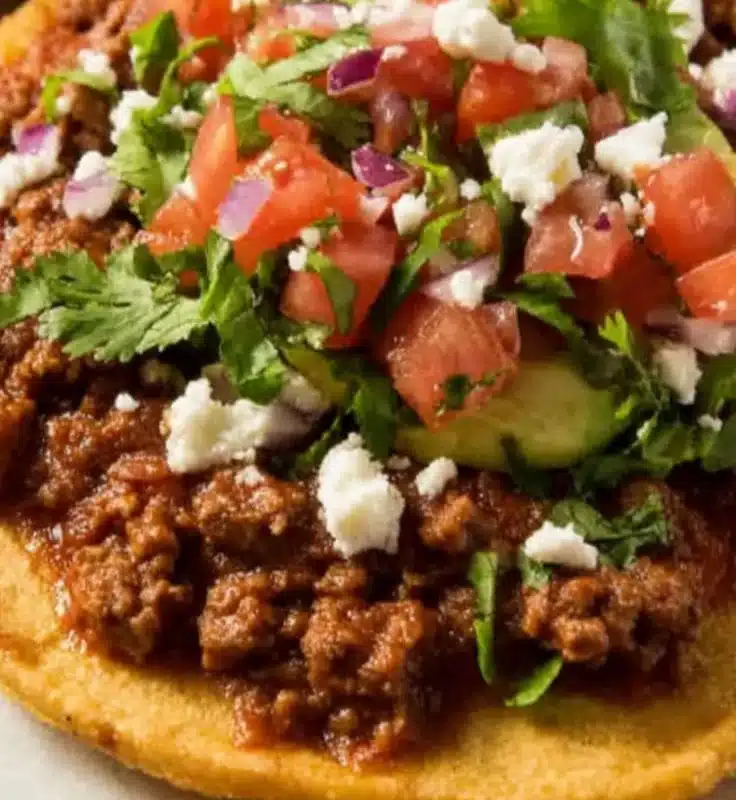 Plate of flavorful low calorie tostadas topped with fresh ingredients