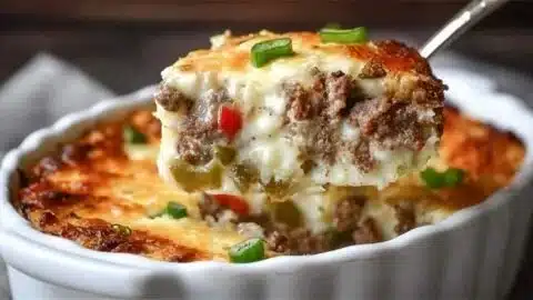 Low Carb Philly Cheesesteak Casserole topped with cheese and peppers.