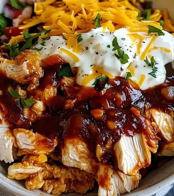 Macro-Friendly BBQ Ranch Chicken Bowl with grilled chicken and fresh veggies