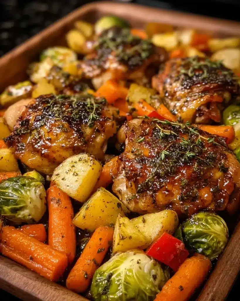 Delicious maple glazed herb chicken thighs served with roasted vegetables.