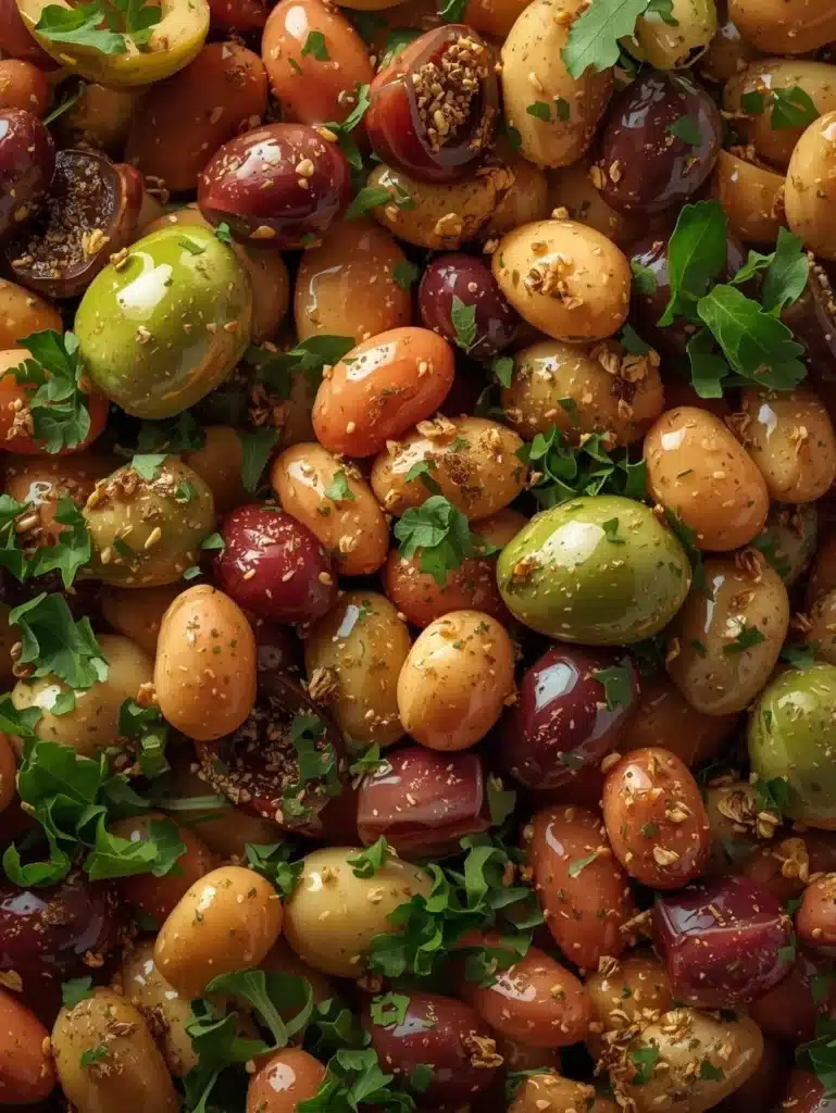 Delicious Marinated Za'atar Bean Salad garnished with fresh herbs and spices.