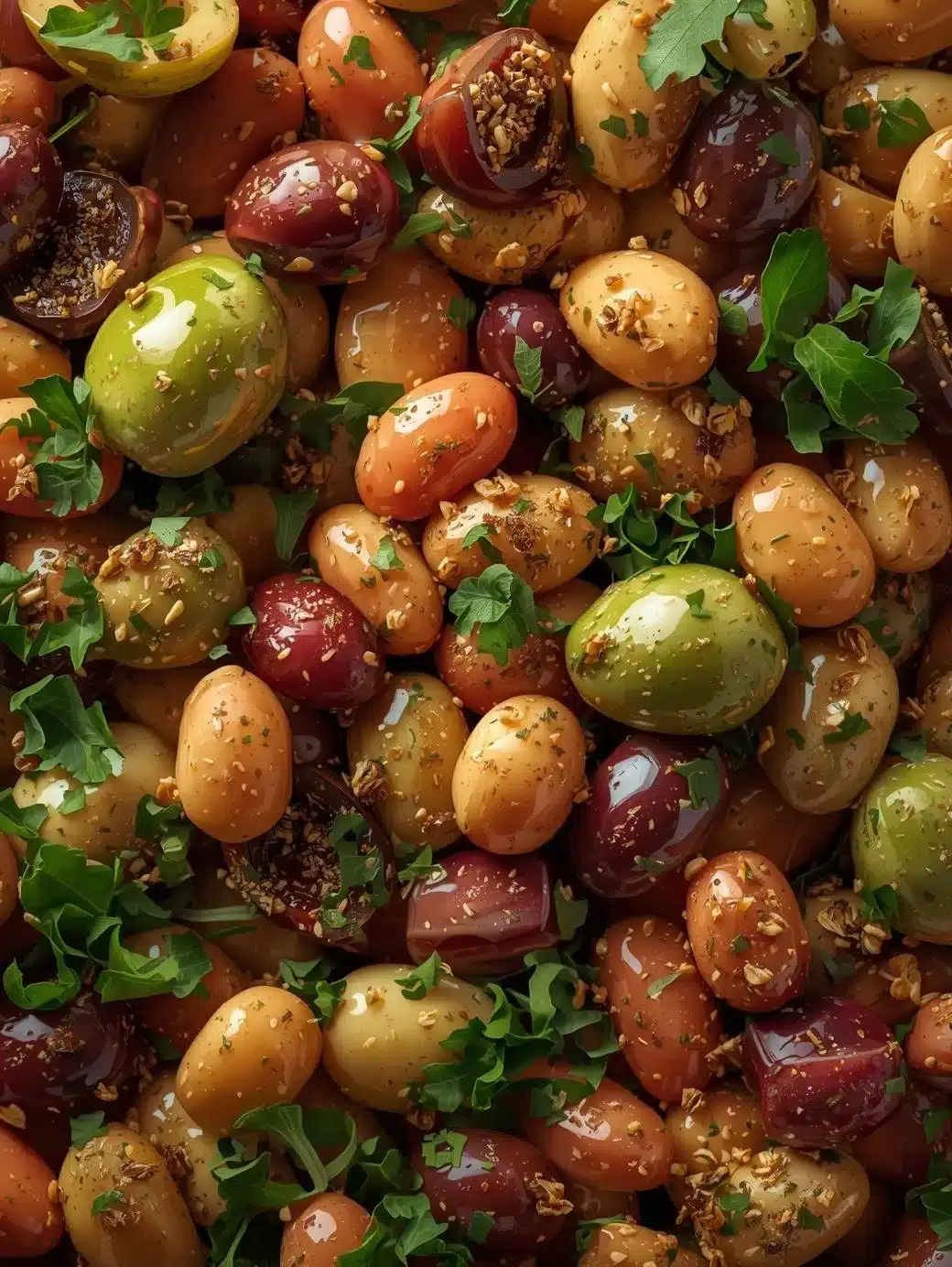 Delicious Marinated Za'atar Bean Salad garnished with fresh herbs and spices.