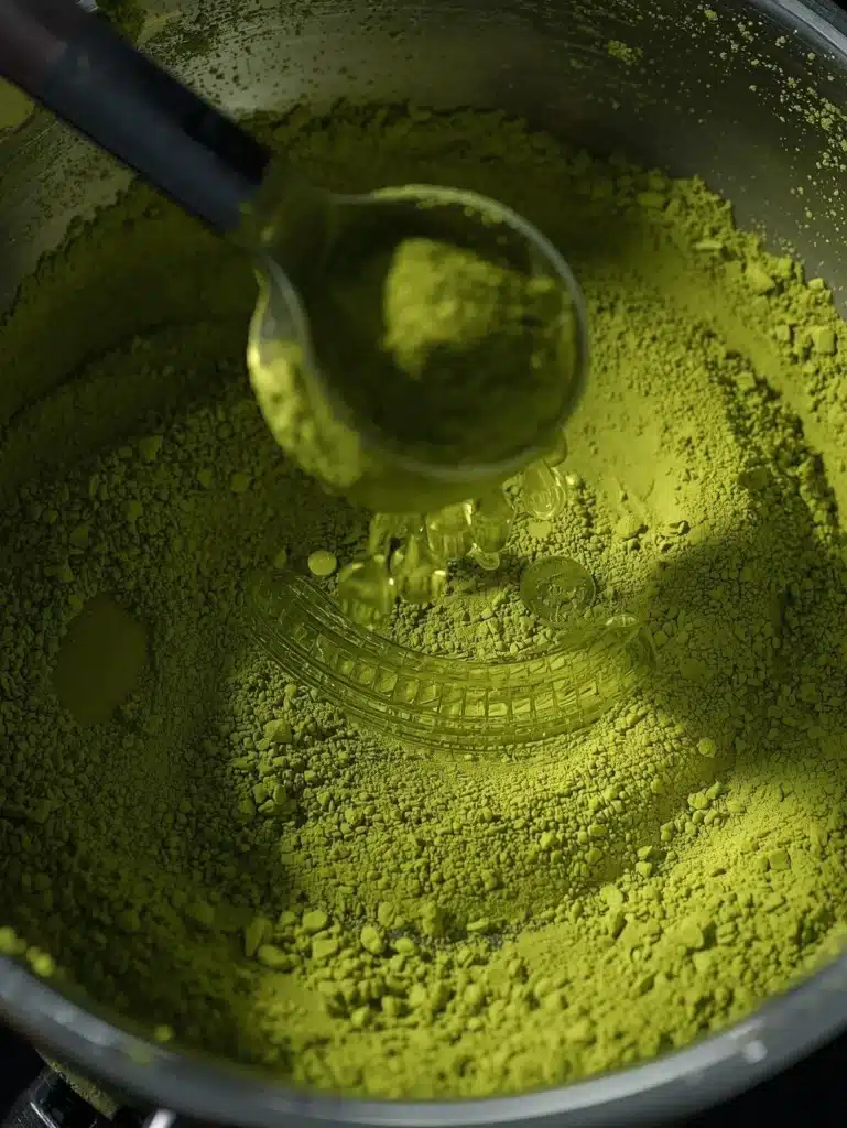 A bowl of vibrant green matcha powder with a bamboo whisk and tea ceremony tools.