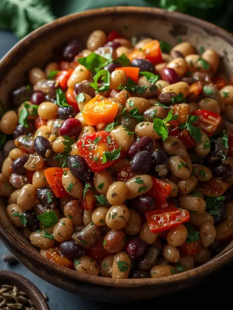Mediterranean dense bean salad with fresh vegetables and herbs