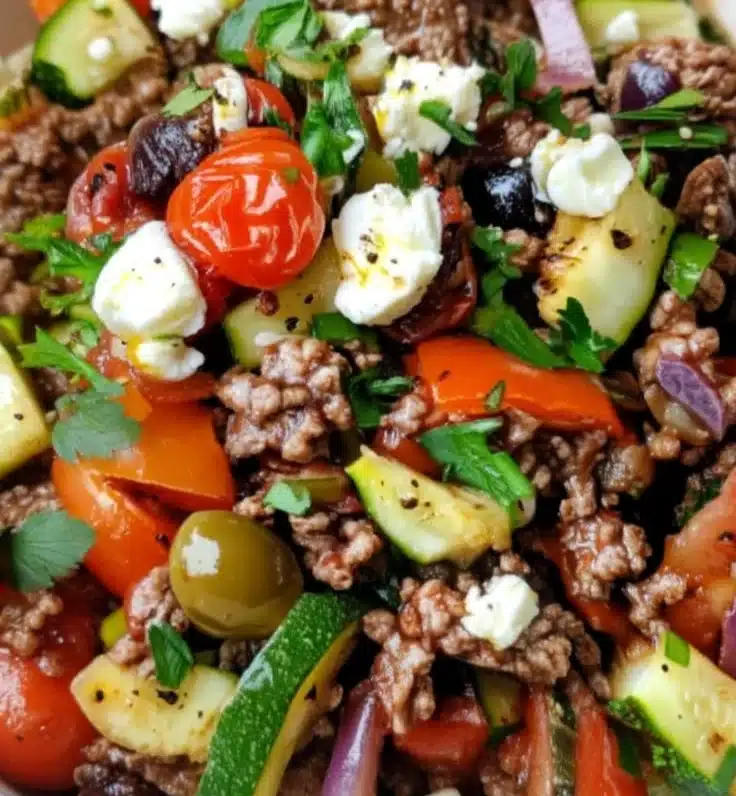 Mediterranean ground beef stir fry with vegetables in a colorful bowl