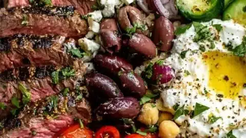 Mediterranean Steak Bowl with grilled steak, vegetables, and quinoa