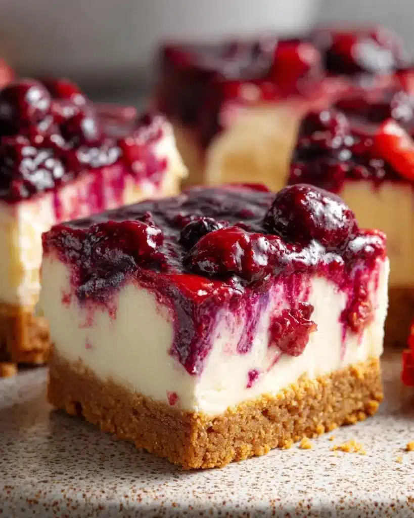 Delicious no bake berry cheesecake bars topped with fresh berries.