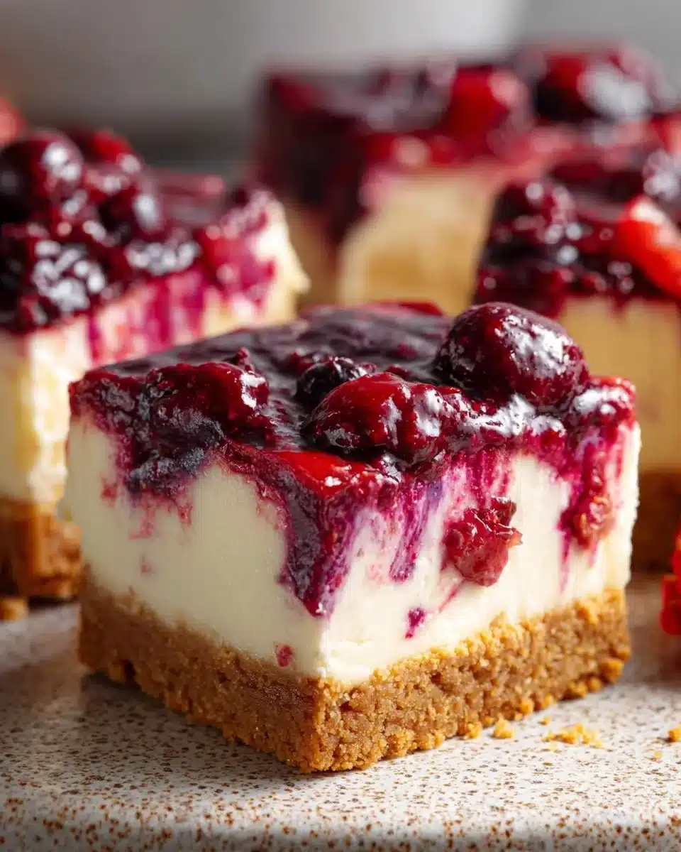 Delicious no bake berry cheesecake bars topped with fresh berries.