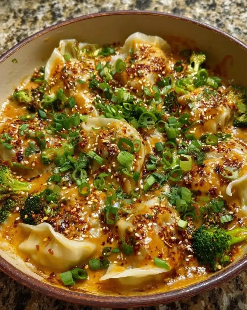 Oven-baked dumplings drizzled with rich peanut sauce, ready to be served.