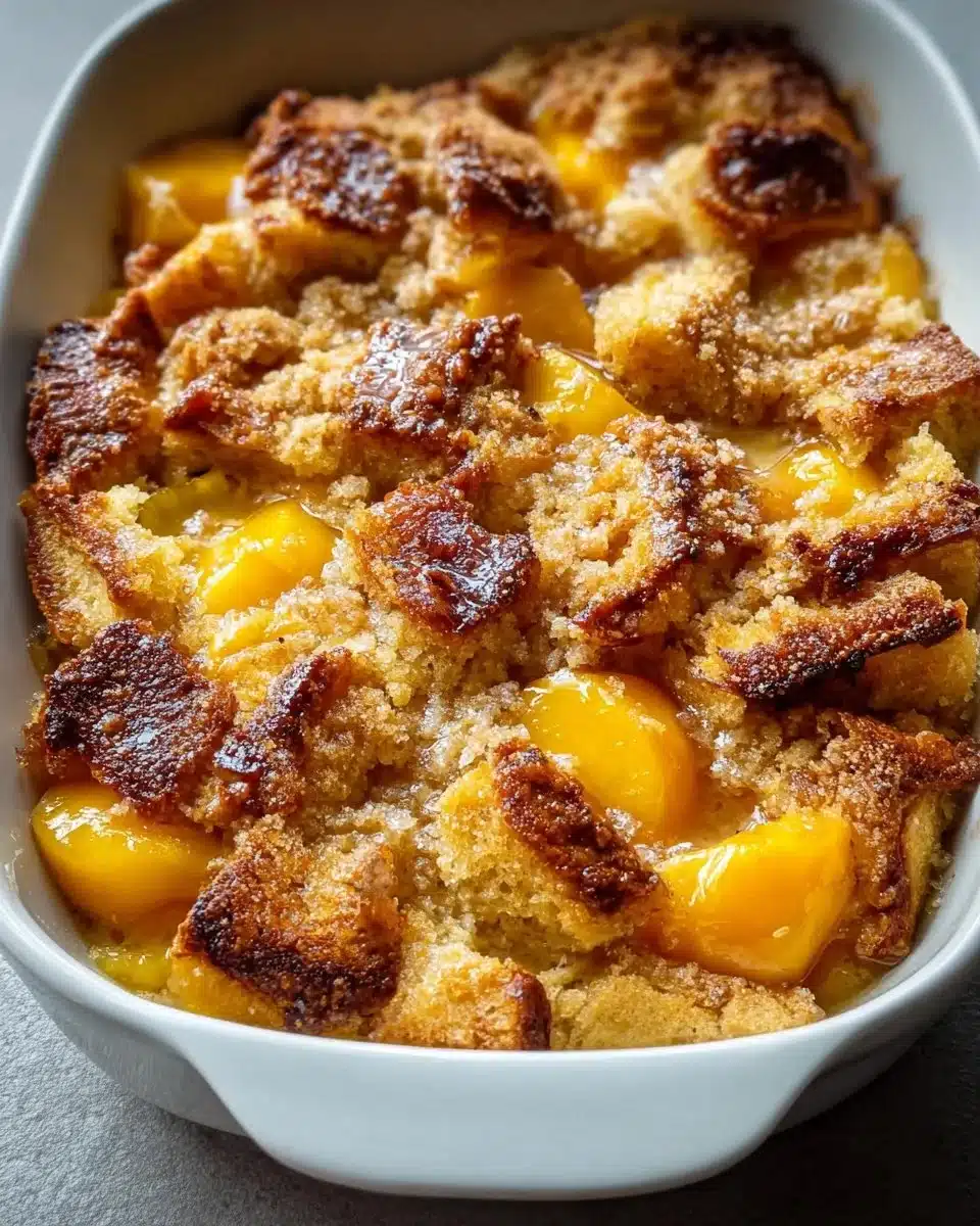 Peach Cobbler French Toast Bake topped with fresh peaches and syrup