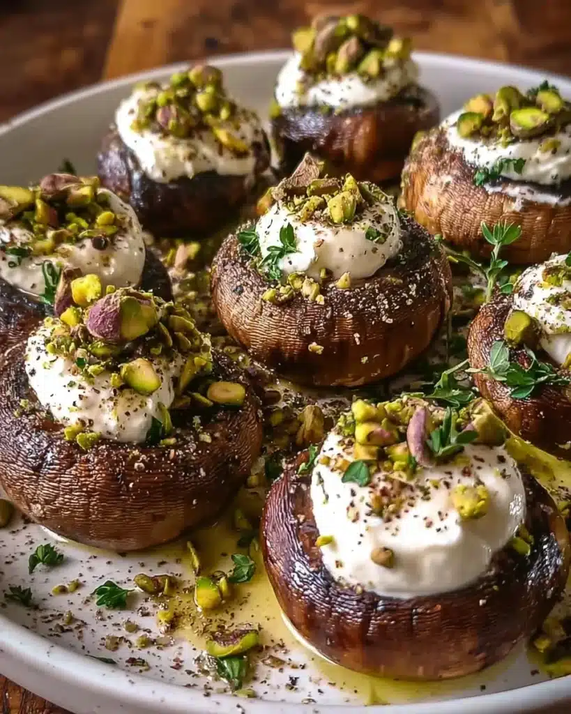 Pistachio cream and goat cheese filled mushrooms ready to serve.