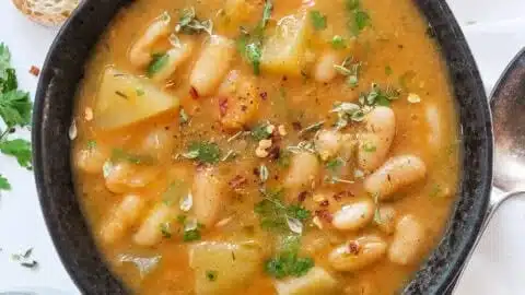 Delicious homemade potato and bean soup served in a bowl