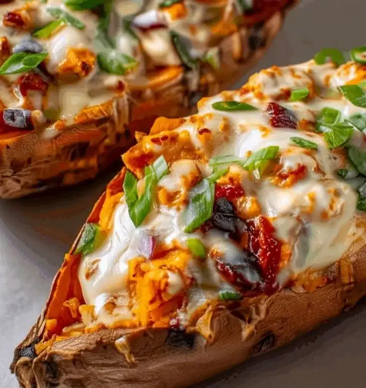 Delicious and nutritious protein-loaded sweet potato boats topped with healthy ingredients.