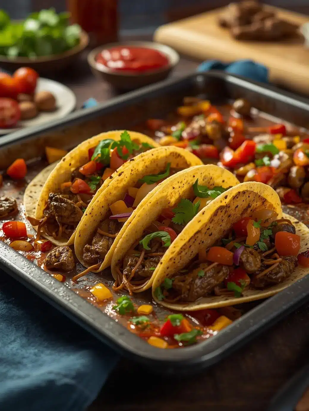 Delicious sheet pan tacos prepared and ready to serve with fresh toppings