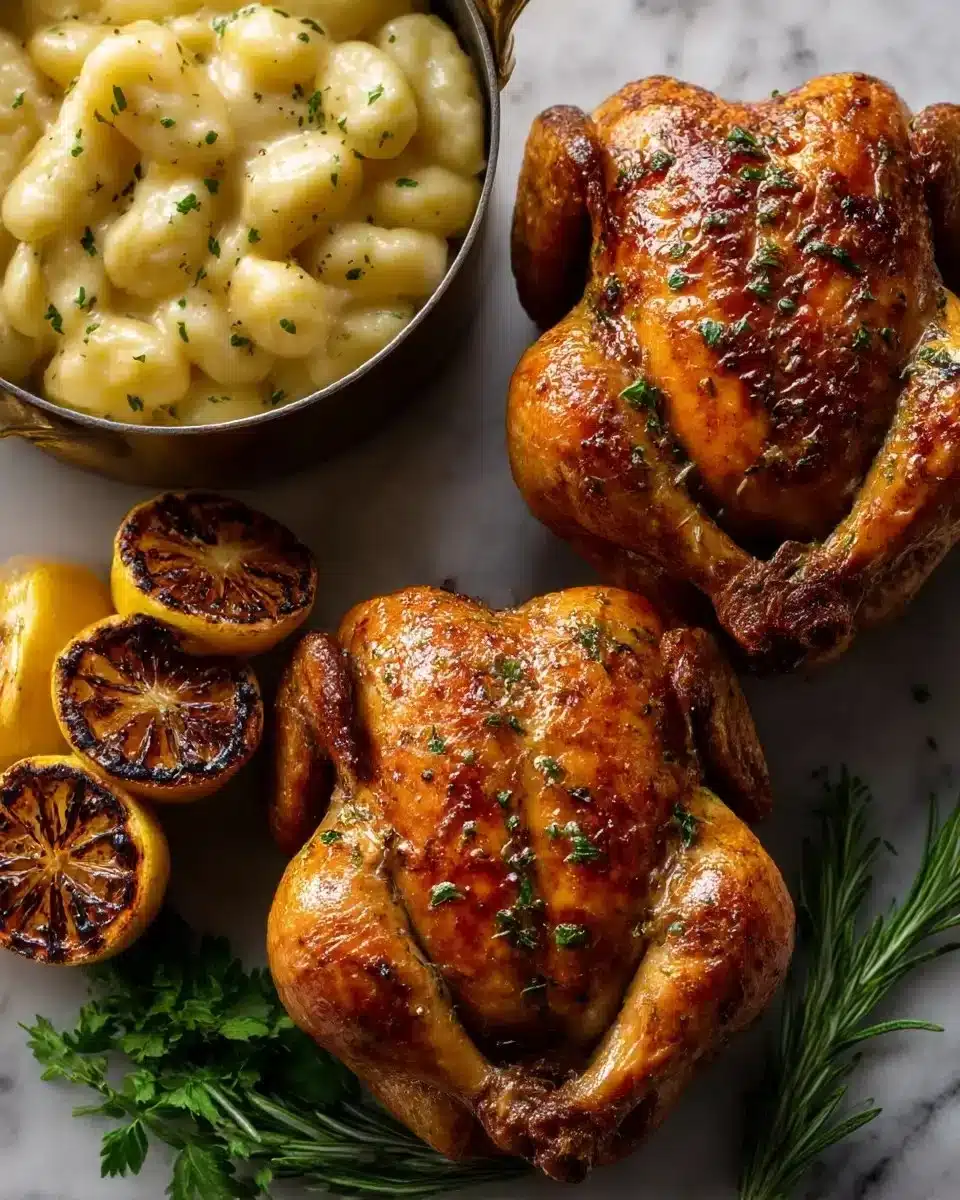 Delicious roasted Cornish hens baked in the oven, garnished for a festive meal.