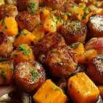Sausage and Sweet Potatoes in Honey Garlic Sauce served in a bowl