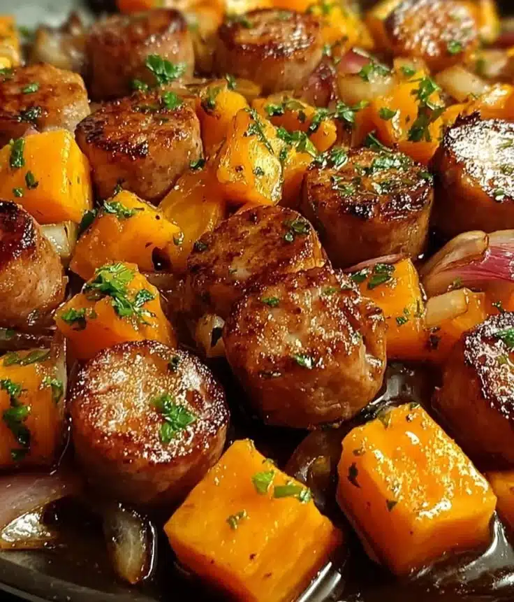 Sausage and Sweet Potatoes in Honey Garlic Sauce served in a bowl