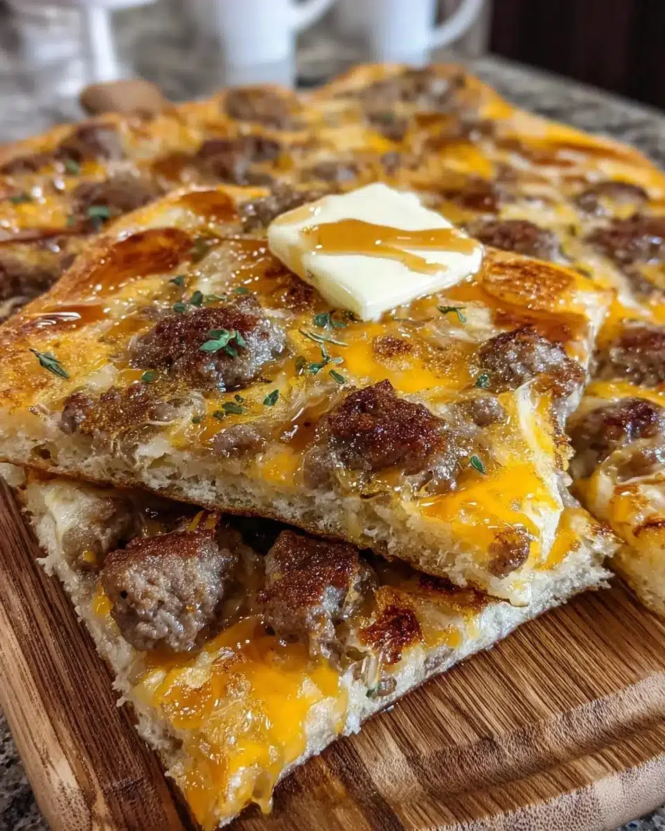 Delicious Sausage Cheese Sheet Pan Pancakes on a serving platter