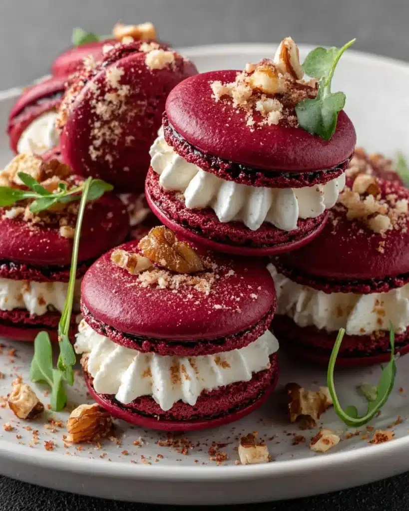 Savory beet macarons filled with goat cheese on a rustic table