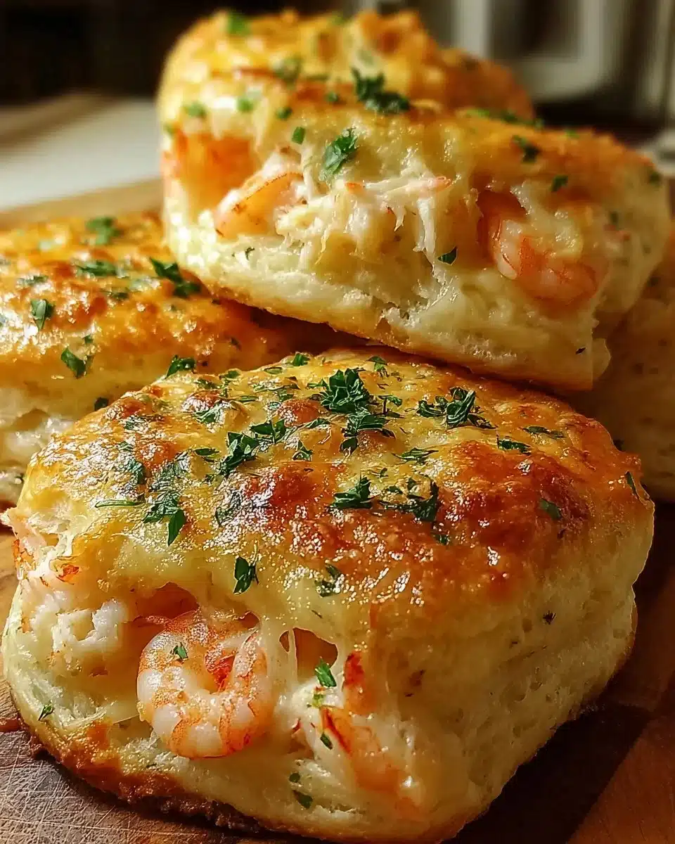 Savory shrimp crab melts served on biscuit, garnished with herbs.