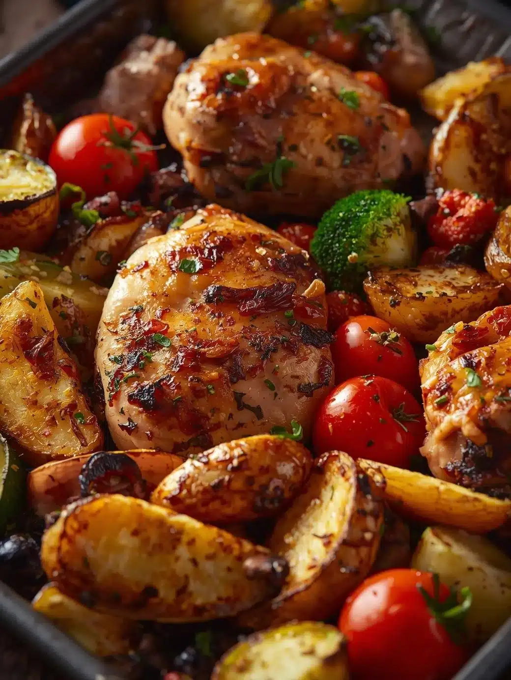 Sheet Pan Garlic Butter Chicken with colorful vegetables ready to serve