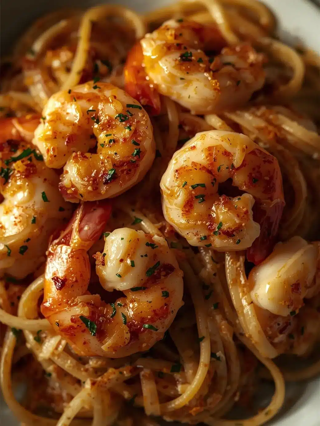 Shrimp scampi garlic cream pasta dish garnished with parsley and lemon.