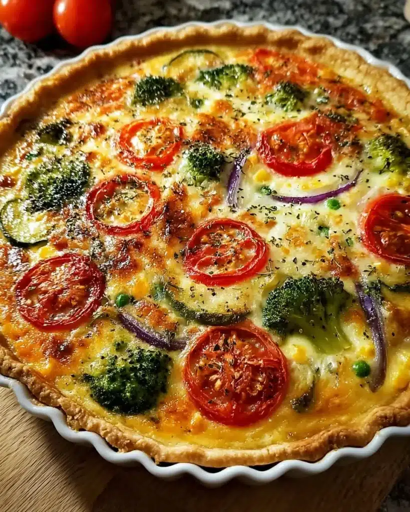 Delicious simple mixed vegetable quiche fresh out of the oven