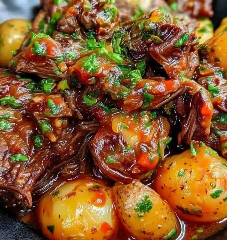 Slow cooker garlic butter beef served with tender potatoes, a comforting dish.