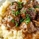 Slow Cooker Salisbury Steak Meatballs served with gravy and vegetables.
