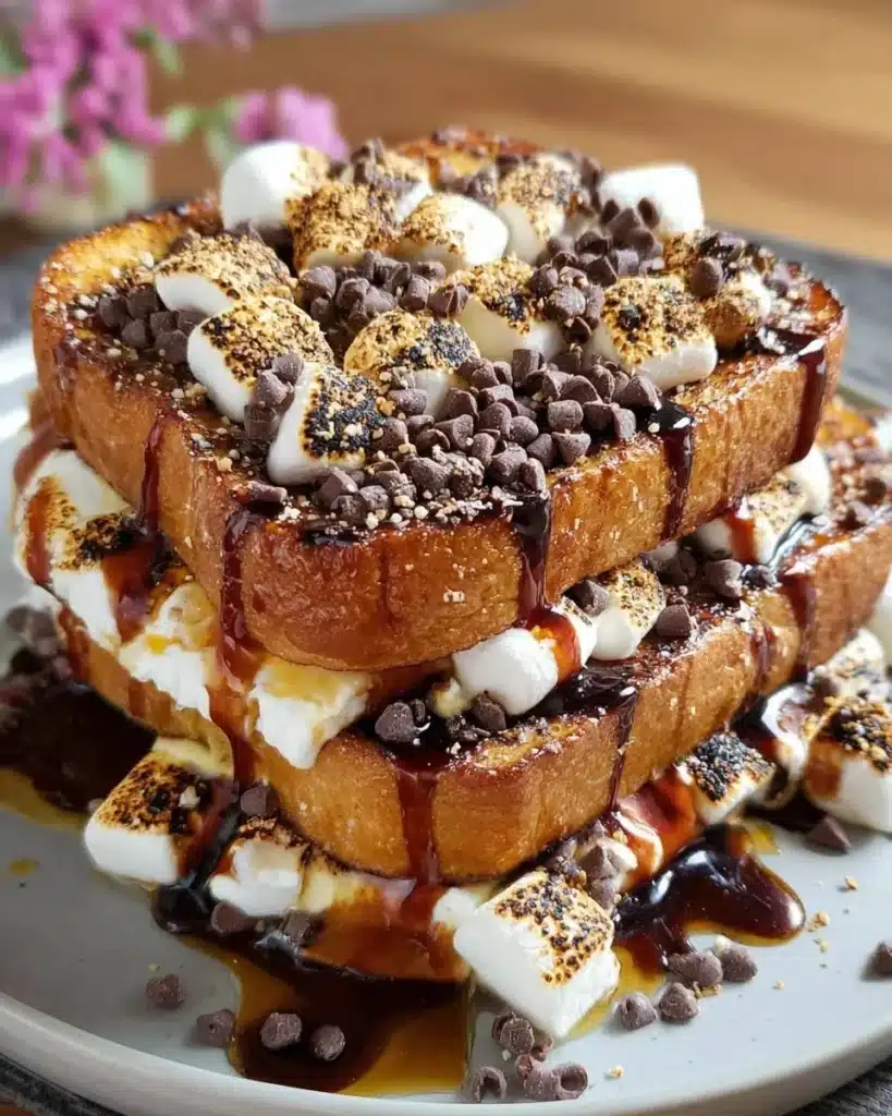 S’mores French Toast Delight on a plate topped with marshmallows and chocolate