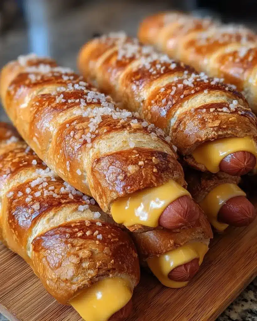 Soft baked cheesy pretzel dogs topped with melting cheese and coarse salt.