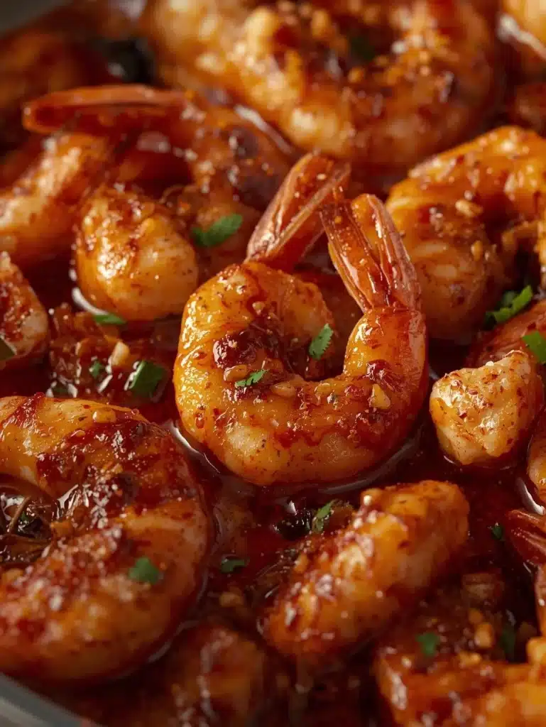Plate of spicy voodoo shrimp with vibrant spices and garnishes