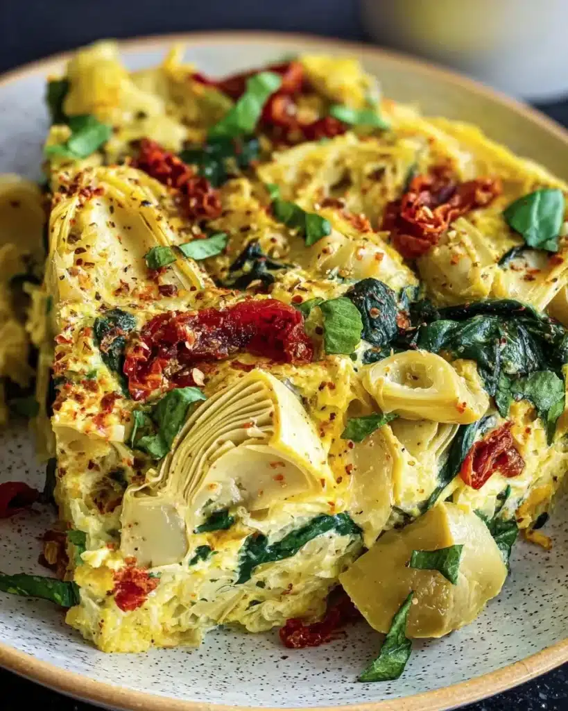 Delicious spinach artichoke tomato casserole served in a baking dish.