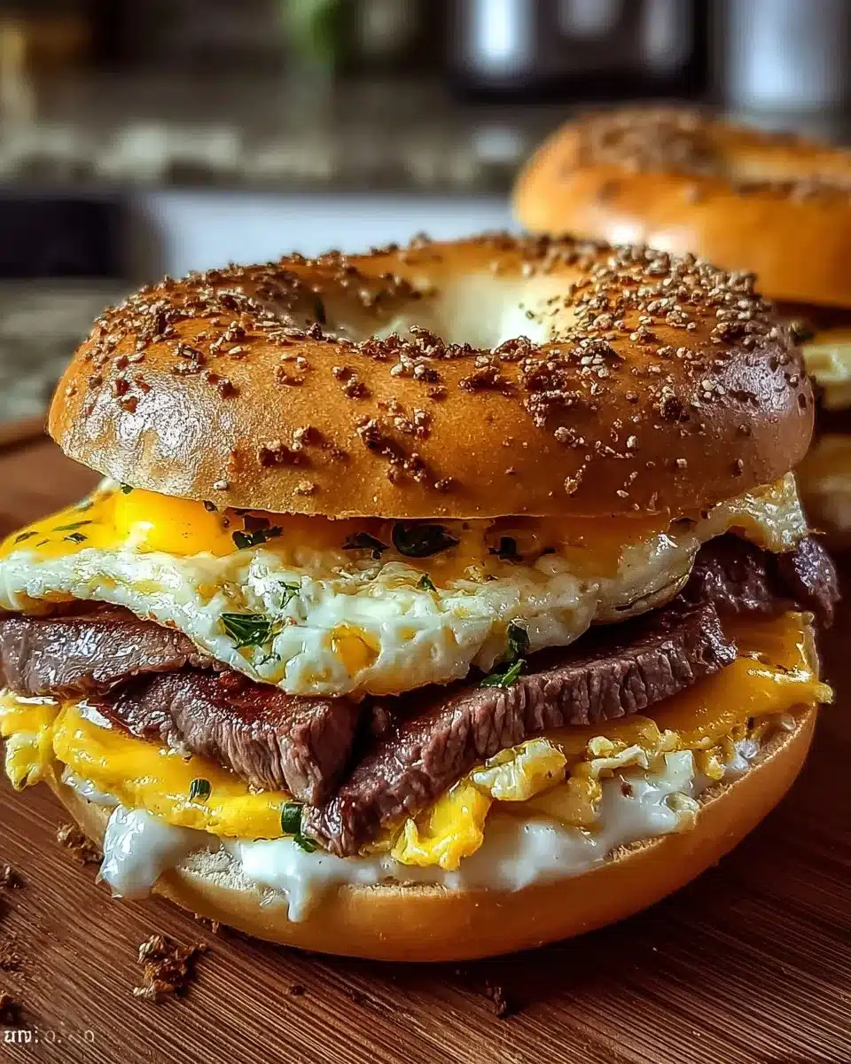 Delicious Steak Egg Cheese Bagel with melted cheese and fresh ingredients