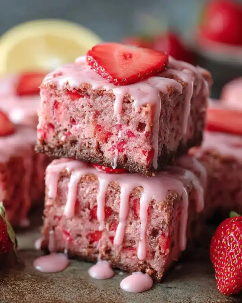 Delicious strawberry brownies with lemon glaze served on a plate