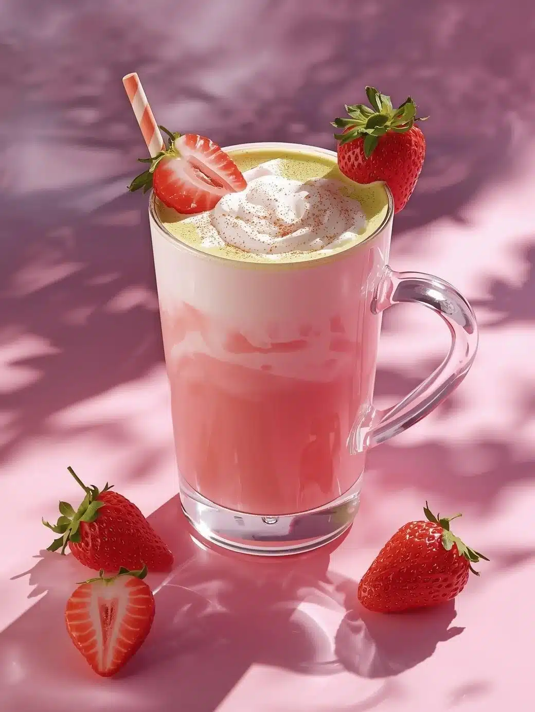 Delicious Strawberry Matcha Latte in a clear glass with fresh strawberries on top.